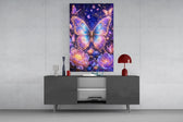 gilded butterfly over a violet night garden glass wall art displayed above a console in a designer interior