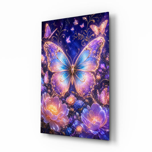 Gilded Butterfly Violet Night Garden Glass Wall Art - Lifestyle preview in a designer interior