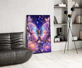 gilded butterfly over a violet night garden glass wall art leaning beside a dark leather sofa