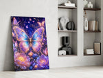gilded butterfly over a violet night garden panel resting in a shelving niche in a modern interior