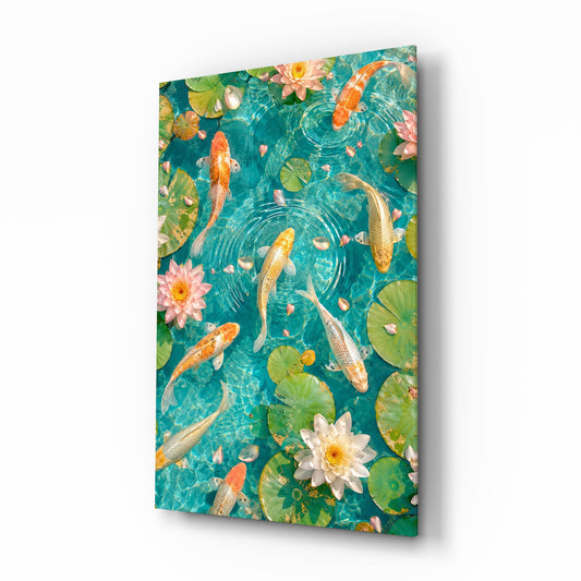 Turquoise Koi Pond Water Lily Glass Wall Art - Lifestyle preview in a designer interior