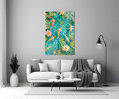 koi drifting through a turquoise lily pond panel bringing character to a minimalist living room wall