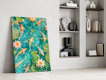 koi drifting through a turquoise lily pond panel resting in a shelving niche in a modern interior