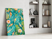 koi drifting through a turquoise lily pond panel resting in a shelving niche in a modern interior