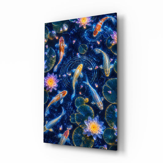 Midnight Blue Koi and Glowing Lotus Glass Wall Art - Lifestyle preview in a designer interior