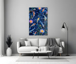 koi circling beneath glowing lotus at night panel bringing character to a minimalist living room wall