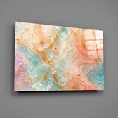 translucent peach and mint petals in gold glass wall art angled to show the polished tempered glass panel
