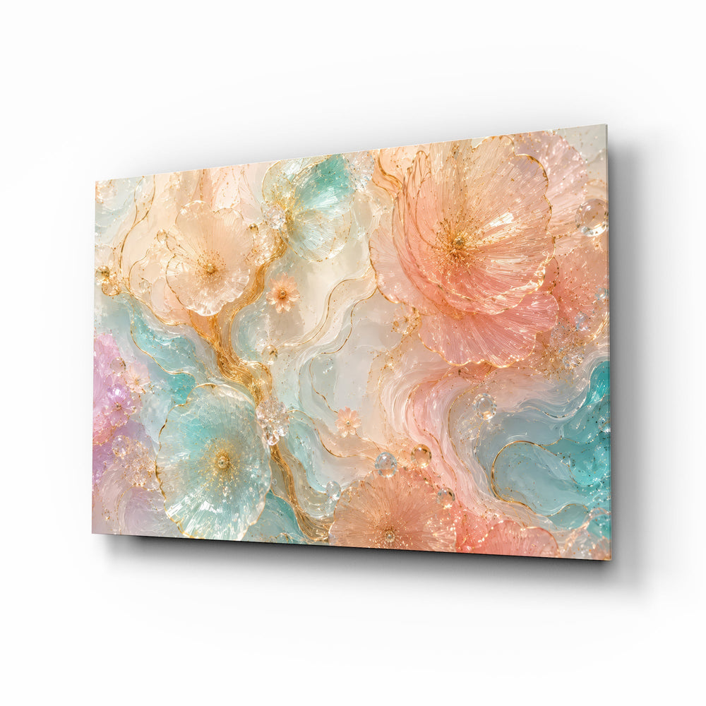 Blush Peach and Mint Marbled Petals Glass Wall Art - Lifestyle preview in a designer interior