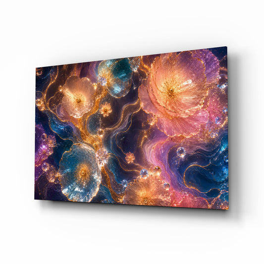 Jewel Tone Sapphire and Rose Petals Glass Wall Art - Lifestyle preview in a designer interior