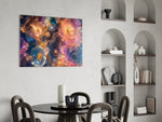 crystalline rose and sapphire blooms in gold glass wall art leaning beside a dark leather sofa