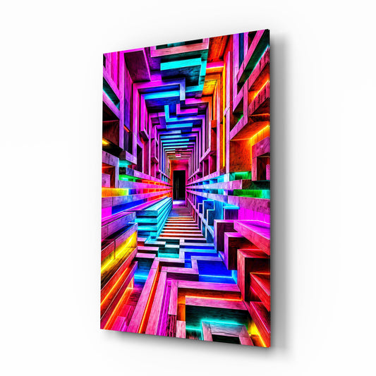 Neon Rainbow Infinity Corridor Glass Wall Art - Lifestyle preview in a designer interior