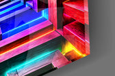 Close-up detail of the neon strips running along each stacked beam on the glass surface