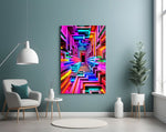 a neon rainbow corridor in deep perspective glass wall art styled above an armchair in a reading corner