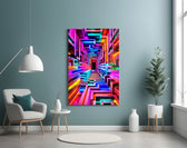 a neon rainbow corridor in deep perspective glass wall art styled above an armchair in a reading corner