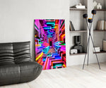 a neon rainbow corridor in deep perspective glass wall art leaning beside a dark leather sofa