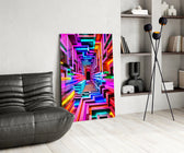 a neon rainbow corridor in deep perspective glass wall art leaning beside a dark leather sofa