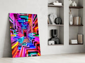 a neon rainbow corridor in deep perspective panel resting in a shelving niche in a modern interior