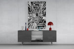 a black and white timber corridor in perspective glass wall art displayed above a console in a designer interior