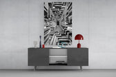 a black and white timber corridor in perspective glass wall art displayed above a console in a designer interior