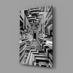 a black and white timber corridor in perspective glass wall art angled to show the polished tempered glass panel