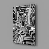 a black and white timber corridor in perspective glass wall art angled to show the polished tempered glass panel
