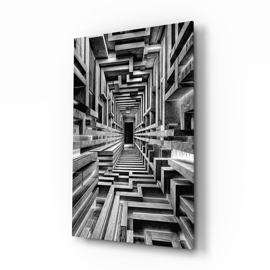 Monochrome Timber Infinity Corridor Glass Wall Art - Lifestyle preview in a designer interior