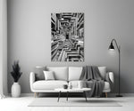 a black and white timber corridor in perspective panel bringing character to a minimalist living room wall