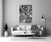 a black and white timber corridor in perspective panel bringing character to a minimalist living room wall