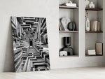 a black and white timber corridor in perspective panel resting in a shelving niche in a modern interior
