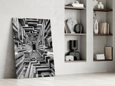 a black and white timber corridor in perspective panel resting in a shelving niche in a modern interior