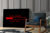 chaos loading red progress bar panel resting in a shelving niche in a modern interior