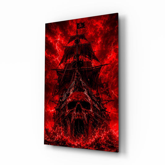 Ghost Pirate Ship Crimson Skull Bow Glass Wall Art - Lifestyle preview in a designer interior