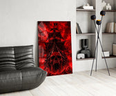 a skull-prowed pirate ship in a crimson storm glass wall art leaning beside a dark leather sofa
