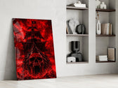 a skull-prowed pirate ship in a crimson storm panel resting in a shelving niche in a modern interior