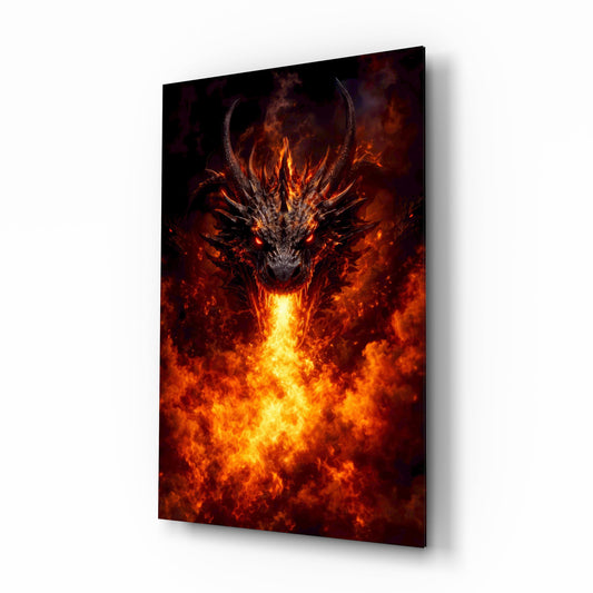 Fire Dragon Ember Eyes Flame Breath Glass Wall Art - Lifestyle preview in a designer interior