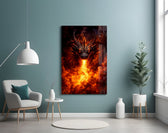 a horned dragon breathing a column of fire glass wall art styled above an armchair in a reading corner
