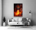 a horned dragon breathing a column of fire panel bringing character to a minimalist living room wall