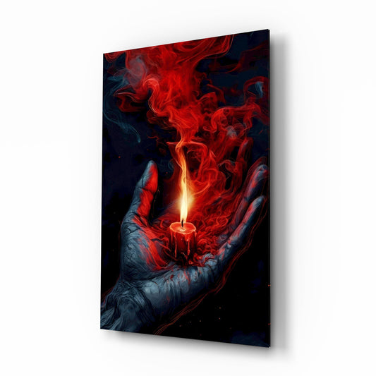 Red Candle in Cupped Hand Smoke Glass Wall Art - Lifestyle preview in a designer interior