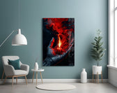 a cupped hand holding a burning red candle glass wall art styled above an armchair in a reading corner