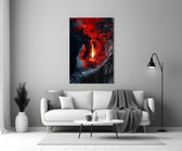 a cupped hand holding a burning red candle panel bringing character to a minimalist living room wall