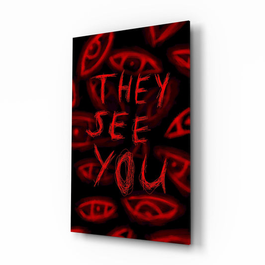 They See You Red Scrawl Eyes Glass Wall Art - Lifestyle preview in a designer interior