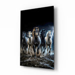 Galloping Horse Herd Lightning Storm Glass Wall Art - Lifestyle preview in a designer interior