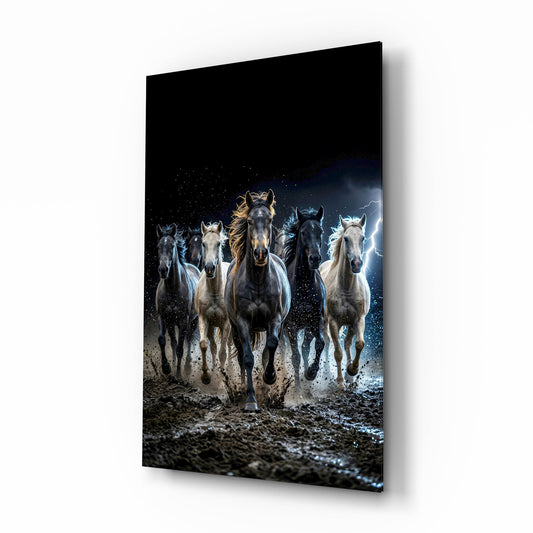 Galloping Horse Herd Lightning Storm Glass Wall Art - Lifestyle preview in a designer interior