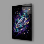 a galaxy-filled whale swimming through a nebula glass wall art angled to show the polished tempered glass panel