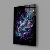 a galaxy-filled whale swimming through a nebula glass wall art angled to show the polished tempered glass panel