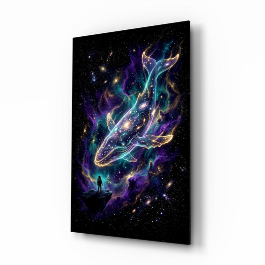 Cosmic Whale Nebula and Astronaut Glass Wall Art - Lifestyle preview in a designer interior