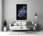 a galaxy-filled whale swimming through a nebula panel bringing character to a minimalist living room wall