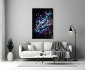 a galaxy-filled whale swimming through a nebula panel bringing character to a minimalist living room wall
