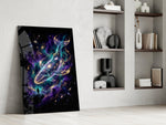 a galaxy-filled whale swimming through a nebula panel resting in a shelving niche in a modern interior