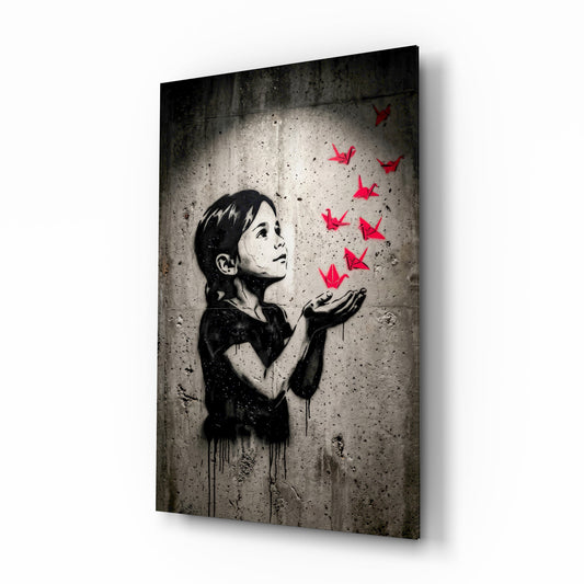 Stencil Girl Red Paper Cranes Glass Wall Art - Lifestyle preview in a designer interior